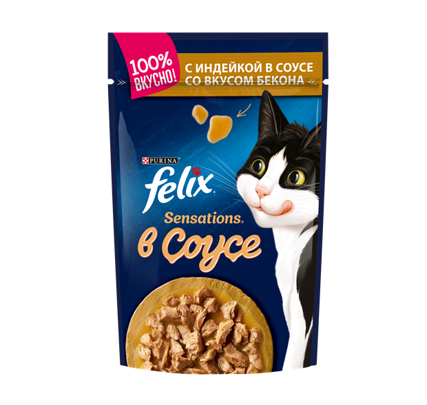 Влажный корм Felix® Sensations® для взрослых кошек, с индейкой в соусе со вкусом бекона - фото 6828