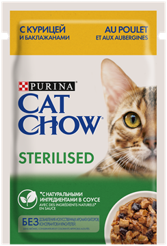 Влажный корм Cat Chow® для взрослых стерилизованных кошек и кастрированных котов, с курицей и баклажанами в соусе